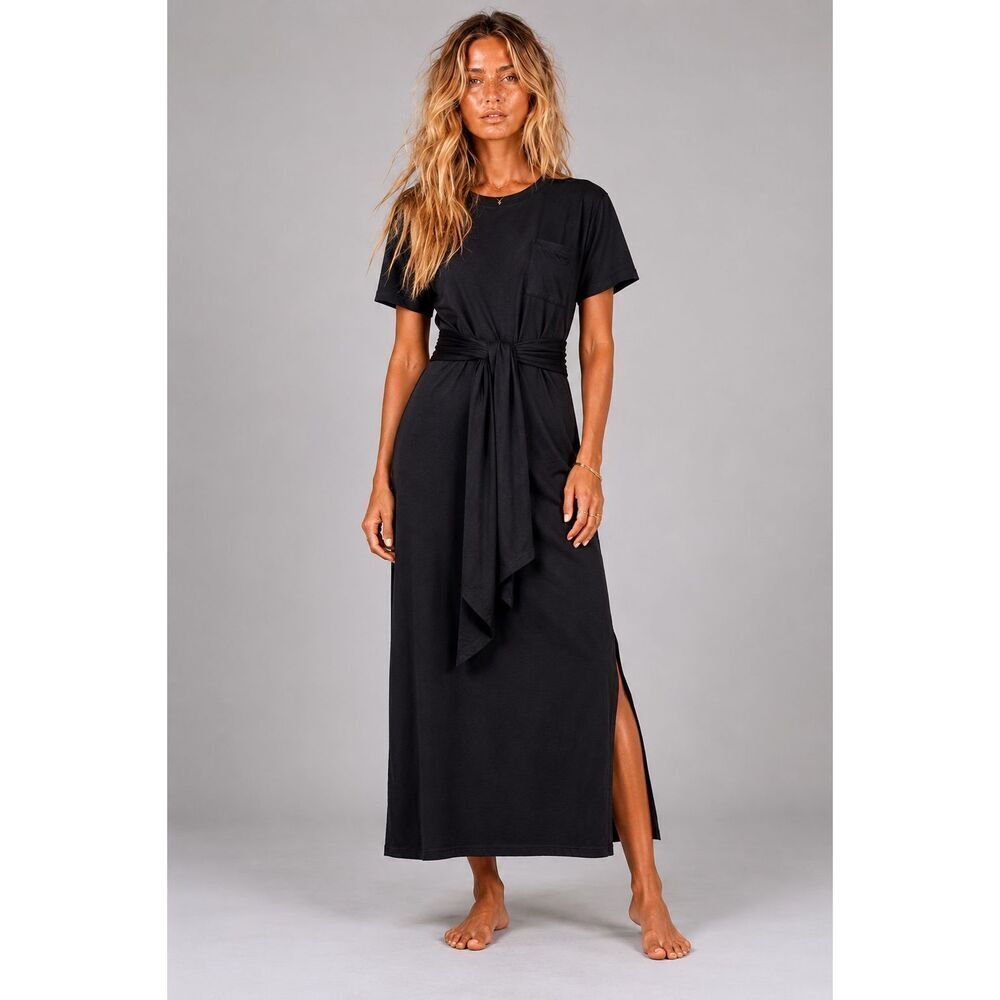 NWT Jonathan Simkhai Standard Black Cotton Tie Waist Pocket Midi Dress Size S (1